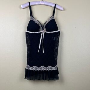 Línea Donatella Pajama Dress Nighties Baby Dolls Black Cream Lace Size M